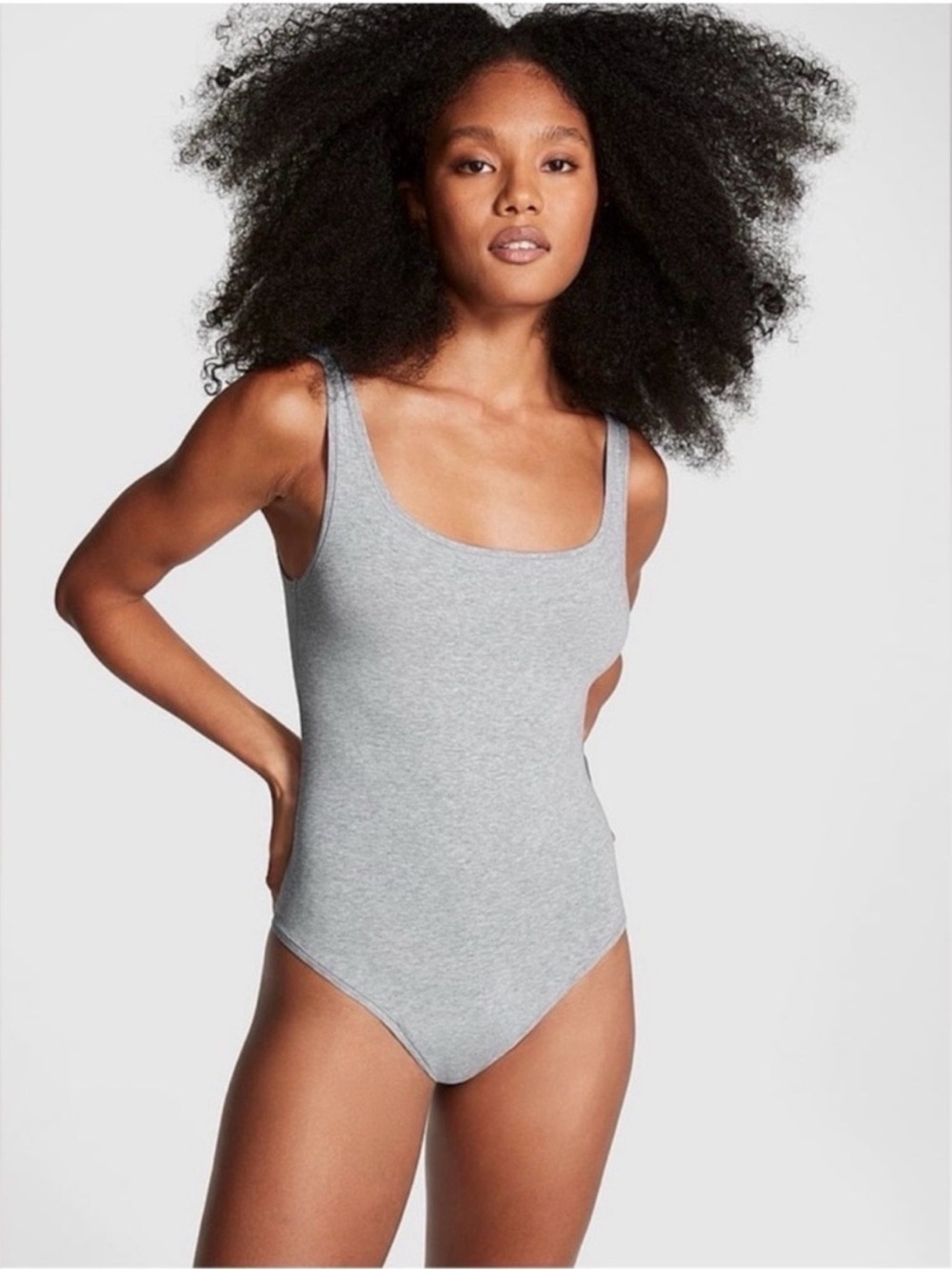PINK Victoria’s Secret Light Gray Scoop-Neck, Thong Bodysuit